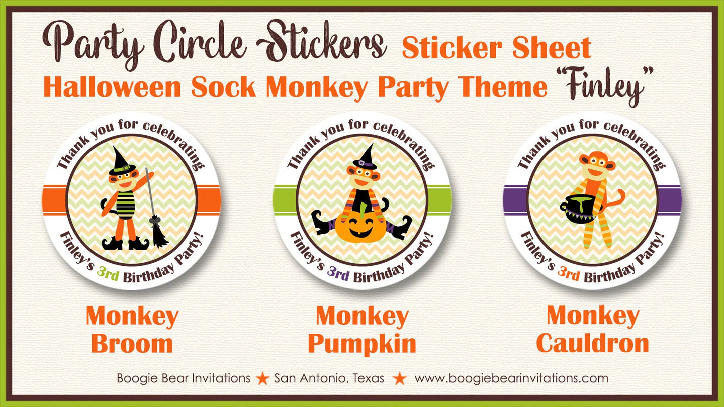 Sock Monkey Halloween Birthday Party Stickers Circle Sheet Boy Girl Chevron Fall Pumpkin Harvest Autumn Boogie Bear Invitations Finley Theme