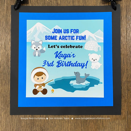 Blue Eskimo Boy Birthday Door Banner Seal Bear Wolf Arctic Polar Tundra Igloo Ice Fishing Iceberg Winter Boogie Bear Invitations Kaga Theme