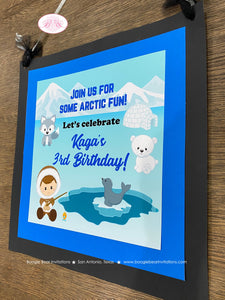 Blue Eskimo Boy Birthday Door Banner Seal Bear Wolf Arctic Polar Tundra Igloo Ice Fishing Iceberg Winter Boogie Bear Invitations Kaga Theme