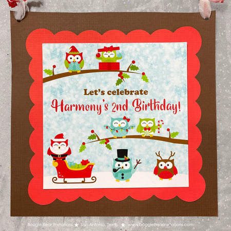 Christmas Owls Birthday Party Door Banner Snow Red Green Girl Boy Winter Forest Woodland Birds Santa Boogie Bear Invitations Harmony Theme
