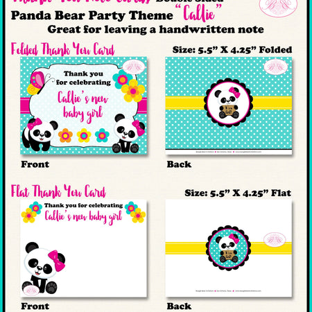 Pink Panda Bear Baby Shower Party Thank You Card Girl Black Birthday Butterfly Wild Zoo Animals Boogie Bear Invitations Callie Theme Printed