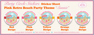 Pink Retro Beach Birthday Party Stickers Circle Sheet Round Girl Swim Swimming Pool Ocean Splash Summer Boogie Bear Invitations Sunnie Theme