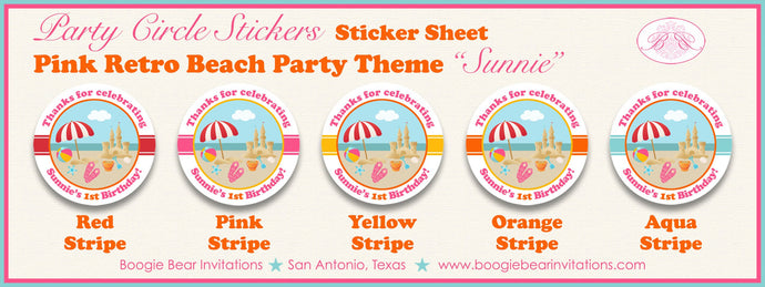 Pink Retro Beach Birthday Party Stickers Circle Sheet Round Girl Swim Swimming Pool Ocean Splash Summer Boogie Bear Invitations Sunnie Theme