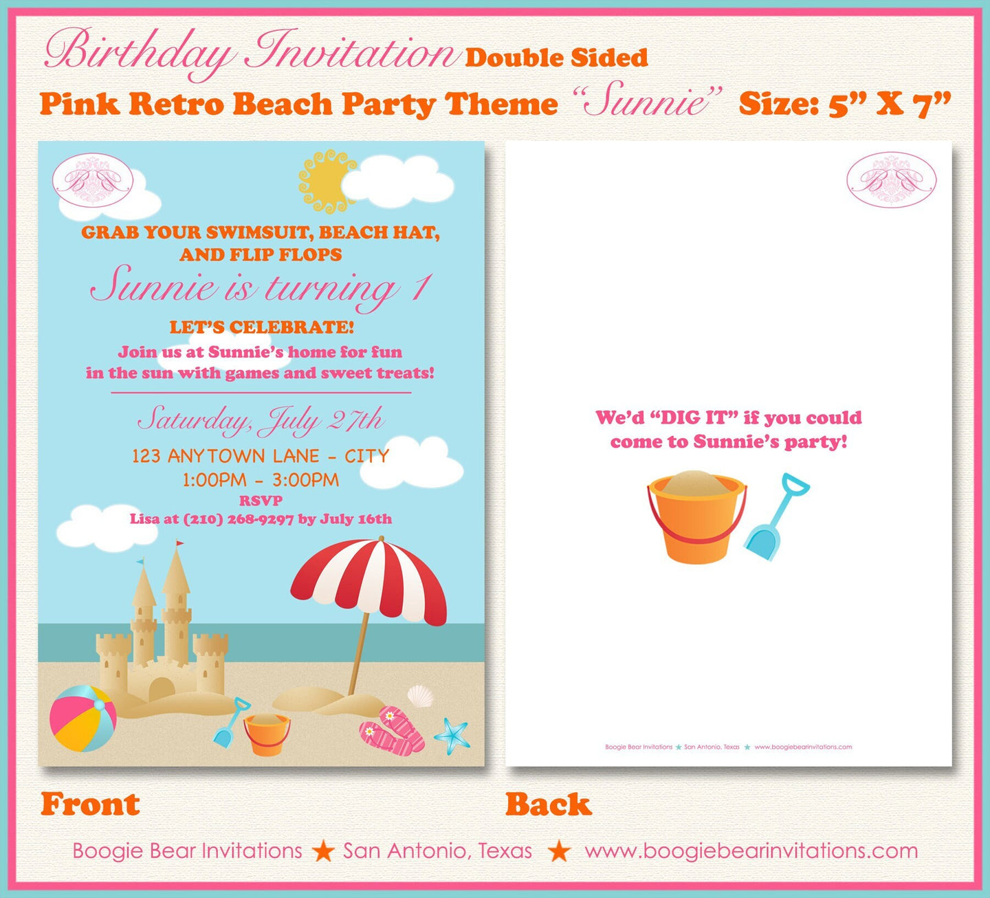 Pink Beach Birthday Party Invitation Girl Pool Swim Swimming Ocean Summer Boogie Bear Invitations Sunnie Theme Paperless Printable Printed