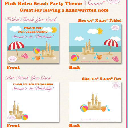 Pink Beach Birthday Party Thank You Card Retro Ocean Girl Swim Flip Flop Swim Swimming Splash Boogie Bear Invitations Sunnie Theme Printed