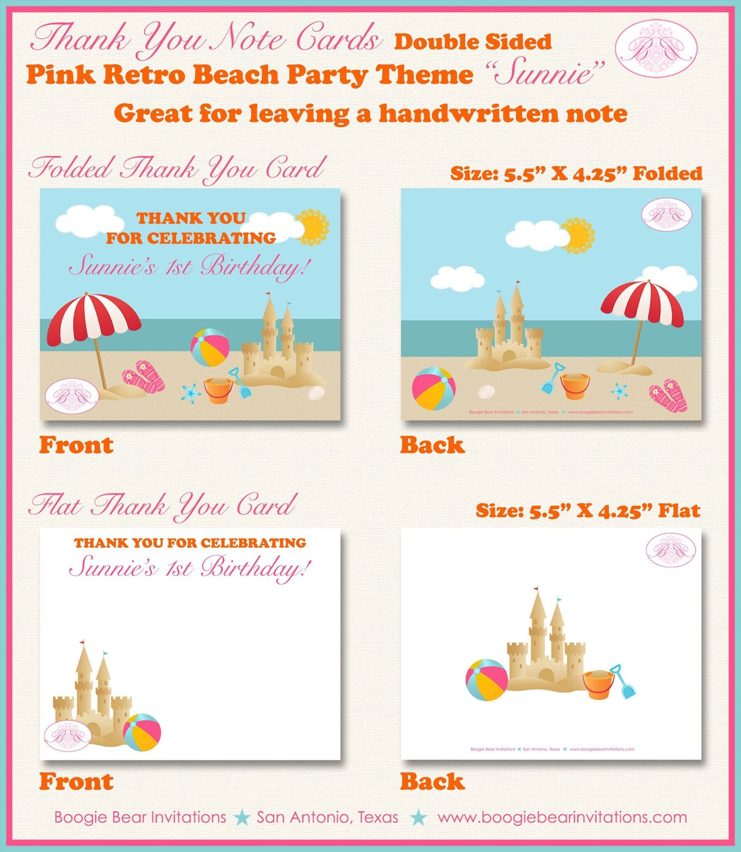 Pink Beach Birthday Party Thank You Card Retro Ocean Girl Swim Flip Flop Swim Swimming Splash Boogie Bear Invitations Sunnie Theme Printed