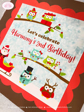 Load image into Gallery viewer, Christmas Owls Birthday Party Door Banner Snow Red Green Girl Boy Winter Forest Woodland Birds Santa Boogie Bear Invitations Harmony Theme