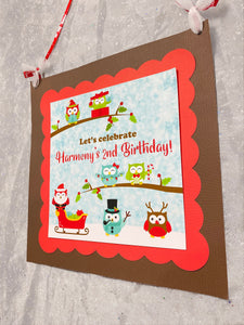 Christmas Owls Birthday Party Door Banner Snow Red Green Girl Boy Winter Forest Woodland Birds Santa Boogie Bear Invitations Harmony Theme