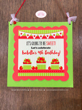 Load image into Gallery viewer, Red Strawberry Birthday Party Door Banner Green White Sweet Girl Berry Picking Fruit Shortcake Summer Boogie Bear Invitations Isabella Theme