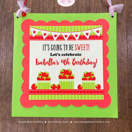 Red Strawberry Birthday Party Door Banner Green White Sweet Girl Berry Picking Fruit Shortcake Summer Boogie Bear Invitations Isabella Theme