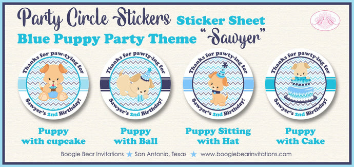 Blue Puppy Birthday Party Stickers Circle Sheet Round Boy Girl Dog Adoption Pet Pawty Ball Vet Doctor Boogie Bear Invitations Sawyer Theme