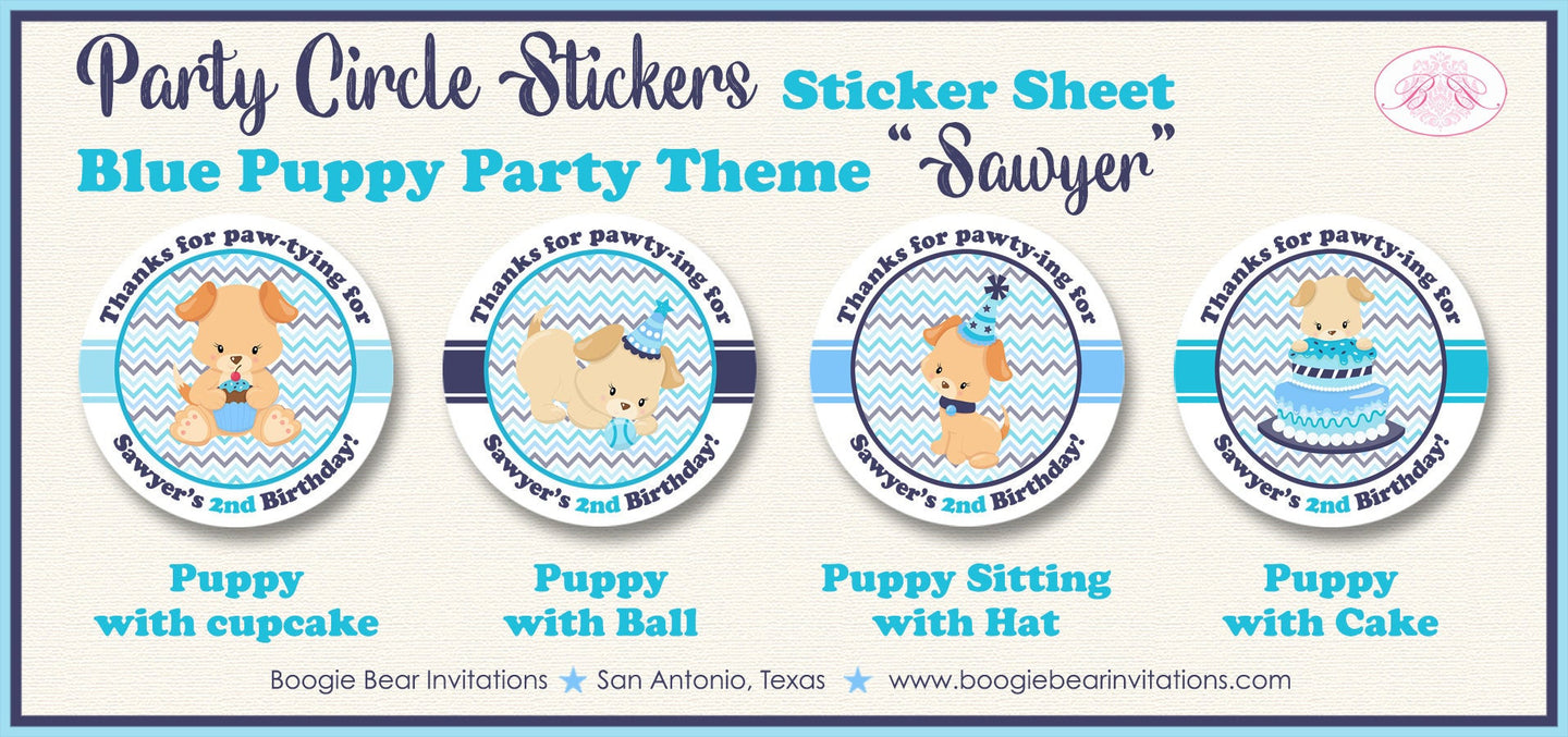 Blue Puppy Birthday Party Stickers Circle Sheet Round Boy Girl Dog Adoption Pet Pawty Ball Vet Doctor Boogie Bear Invitations Sawyer Theme
