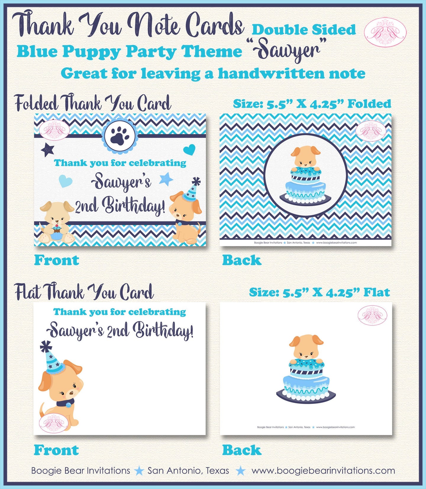 Blue Puppy Party Thank You Card Birthday Note Boy Girl Dog Pet Paw Pawty Vet Doctor Adoption Boogie Bear Invitations Sawyer Theme Printed