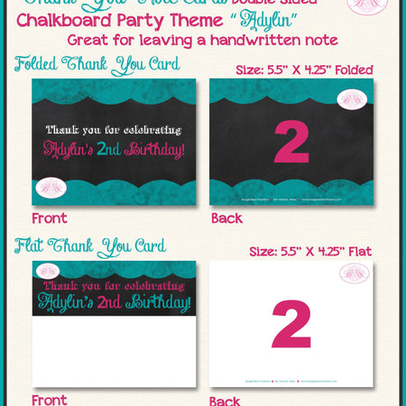 Chalkboard Pink Teal Birthday Party Thank You Card Graphic Scallop Number Script Text Font Blue Boogie Bear Invitations Adylin Theme Printed