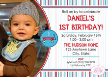 Load image into Gallery viewer, Red Wagon Photo Birthday Party Invitation Boy Girl Blue Stripe Toy Ride Boogie Bear Invitations Daniel Theme Paperless Printable Printed