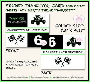 Green ATV Birthday Party Thank You Card Birthday Girl Boy All Terrain Vehicle 4 Wheeler Quad Boogie Bear Invitations Garrett Theme Printed