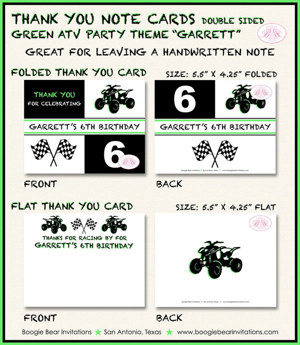 Green ATV Birthday Party Thank You Card Birthday Girl Boy All Terrain Vehicle 4 Wheeler Quad Boogie Bear Invitations Garrett Theme Printed