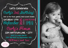 Load image into Gallery viewer, Chalkboard Birthday Party Invitation Girl Photo Pink Teal Blue Chalk Board Boogie Bear Invitations Carly Theme Paperless Printable Printed