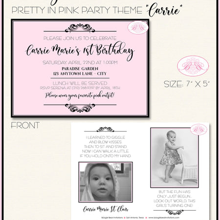 Pretty In Pink Photo Birthday Invitation Party Girl Formal Elegant Princess Boogie Bear Invitations Carrie Theme Paperless Printable Printed