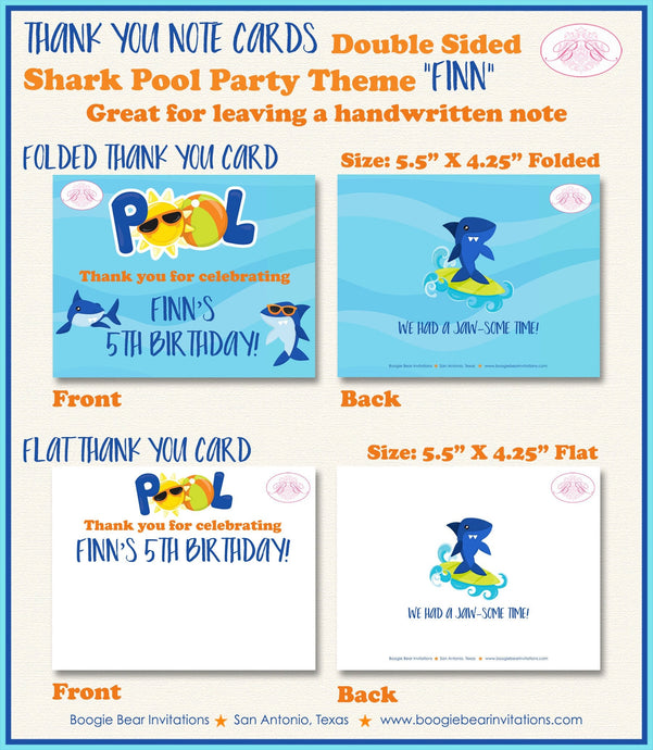 Shark Pool Birthday Party Thank You Card Swimming Ocean Beach Blue Orange Fish Swim Wave Splash Boogie Bear Invitations Finn Theme Printed