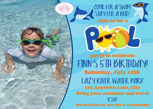 Shark Pool Birthday Party Invitation Photo Swimming Pool Swim Ocean Splash Boogie Bear Invitations Finn Theme Paperless Printable Printed