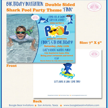 Shark Pool Birthday Party Invitation Photo Swimming Pool Swim Ocean Splash Boogie Bear Invitations Finn Theme Paperless Printable Printed