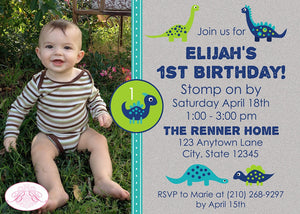 Dinosaur Birthday Party Invitation Photo Boy Girl Navy Lime Aqua 1st 2nd Boogie Bear Invitations Elijah Theme Paperless Printable Printed