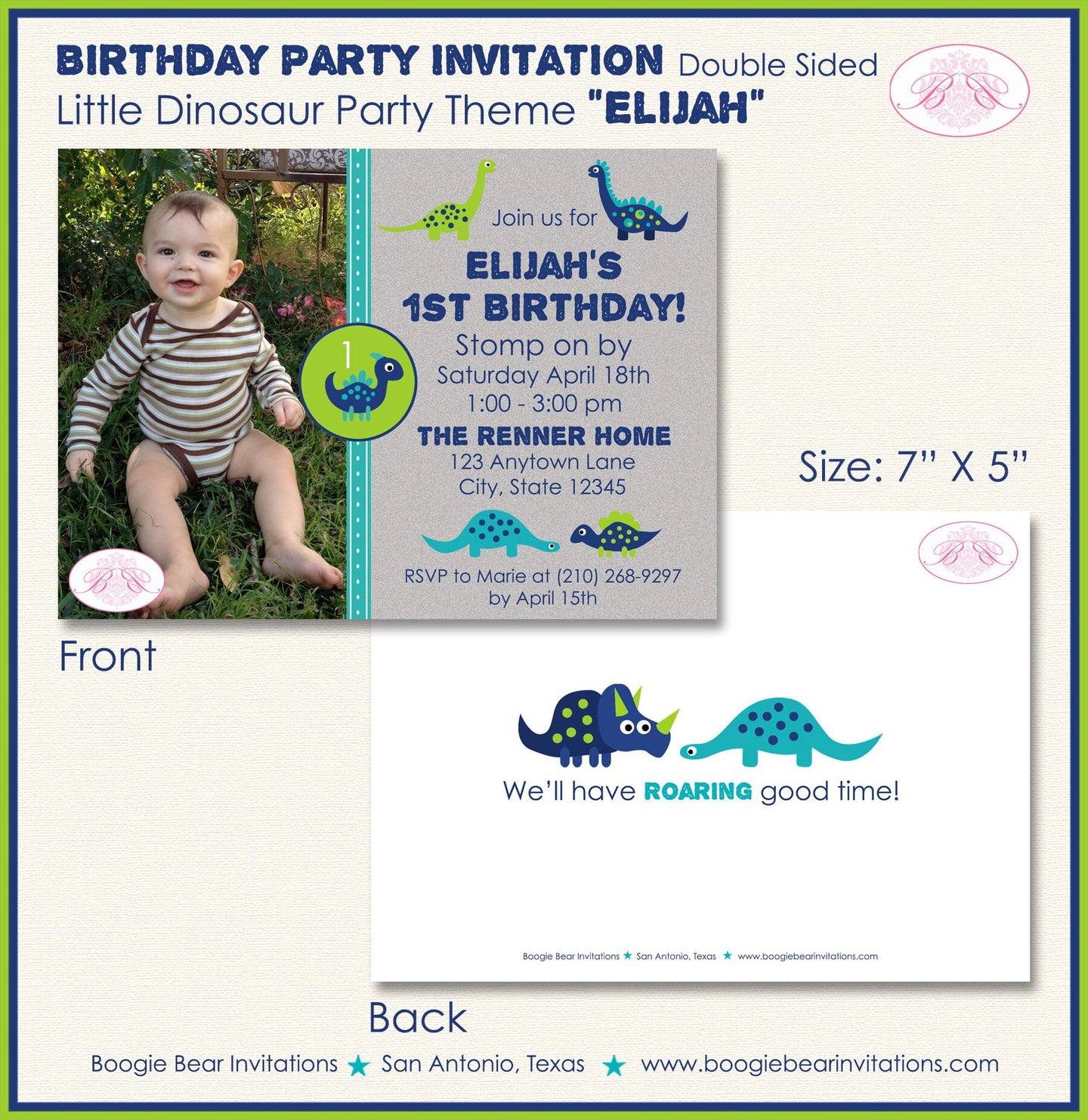 Dinosaur Birthday Party Invitation Photo Boy Girl Navy Lime Aqua 1st 2nd Boogie Bear Invitations Elijah Theme Paperless Printable Printed