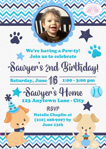 Blue Puppy Birthday Party Invitation Photo Boy Girl Dog Pet Paw Pawty Ball Boogie Bear Invitations Sawyer Theme Paperless Printable Printed