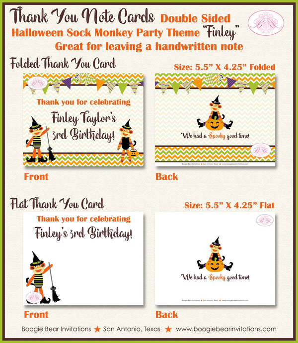 Halloween Sock Monkey Birthday Party Thank You Card Note Costume Pumpkin Boy Girl Jungle Zoo Boogie Bear Invitations Finley Theme Printed
