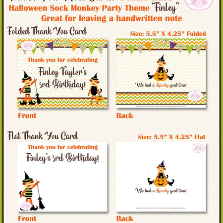 Halloween Sock Monkey Birthday Party Thank You Card Note Costume Pumpkin Boy Girl Jungle Zoo Boogie Bear Invitations Finley Theme Printed