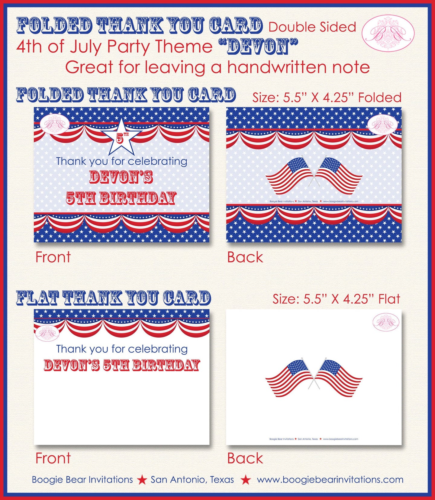 4th of July Party Thank You Card Birthday Favor Note American Flag Red White Blue United States Boogie Bear Invitations Devon Theme Printed