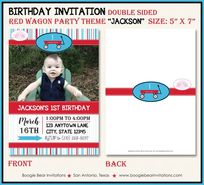 Red Wagon Birthday Party Invitation Photo Stripe Wheels Boy Girl 1st 2nd Boogie Bear Invitations Jackson Theme Paperless Printable Printed