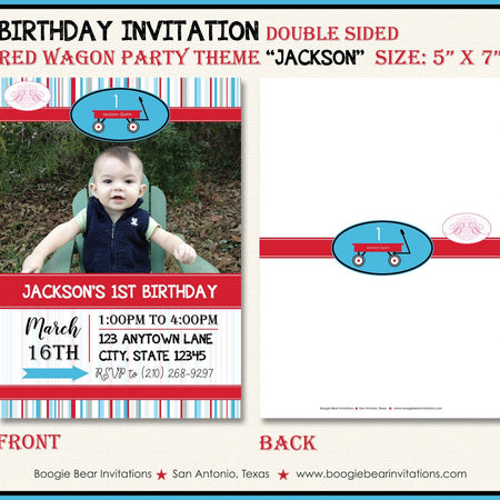Red Wagon Birthday Party Invitation Photo Stripe Wheels Boy Girl 1st 2nd Boogie Bear Invitations Jackson Theme Paperless Printable Printed