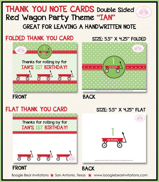 Red Wagon Birthday Party Thank You Card Birthday Boy Girl Green Black Polka Dot Modern Toy Ride Boogie Bear Invitations Ian Theme Printed