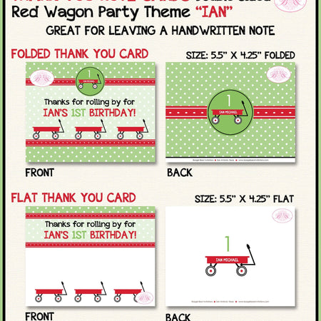 Red Wagon Birthday Party Thank You Card Birthday Boy Girl Green Black Polka Dot Modern Toy Ride Boogie Bear Invitations Ian Theme Printed