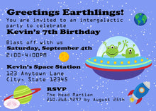 Load image into Gallery viewer, Outer Space Birthday Party Invitation Boy Girl Martian Solar System Galaxy Boogie Bear Invitations Kevin Theme Paperless Printable Printed