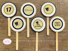 Load image into Gallery viewer, Theater Ticket Play Birthday Party Cupcake Toppers Set Actor Gold Black Star Theatre Stage Performance Boogie Bear Invitations Keegan Theme