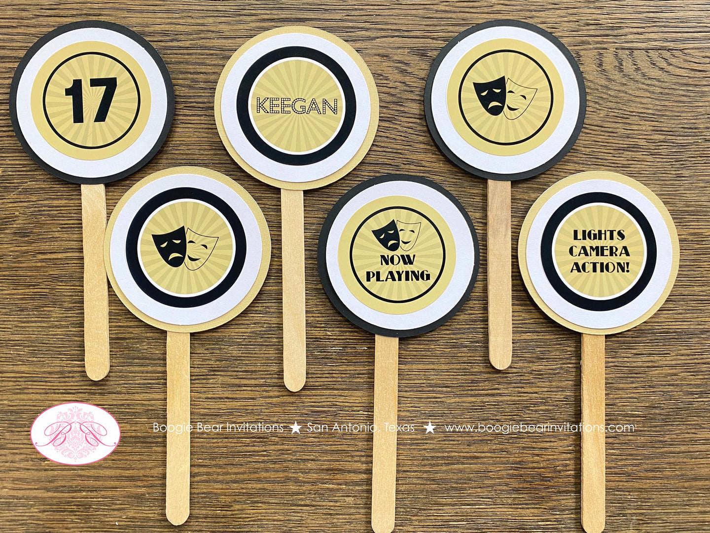 Theater Ticket Play Birthday Party Cupcake Toppers Set Actor Gold Black Star Theatre Stage Performance Boogie Bear Invitations Keegan Theme