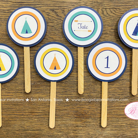 Teepee Arrow Birthday Party Cupcake Toppers Set Orange Navy Blue Yellow Green Boy Girl Indian Pow Wow Boogie Bear Invitations Tate Theme