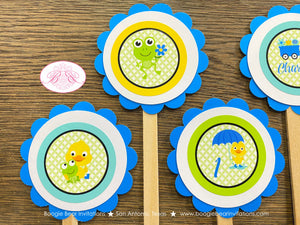 Frog Duck Birthday Party Cupcake Toppers Blue Boy Spring Flowers Rain Gardening Garden Green Wagon Boogie Bear Invitations Charlton Theme