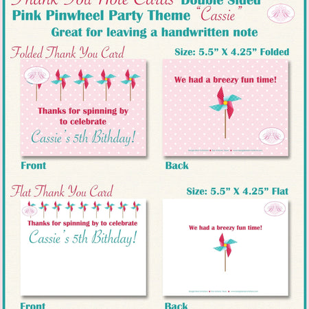 Pinwheel Birthday Party Thank You Card Retro Pink Aqua Teal Girl Summer Spring Picnic Polka Dot Boogie Bear Invitations Cassie Theme Printed