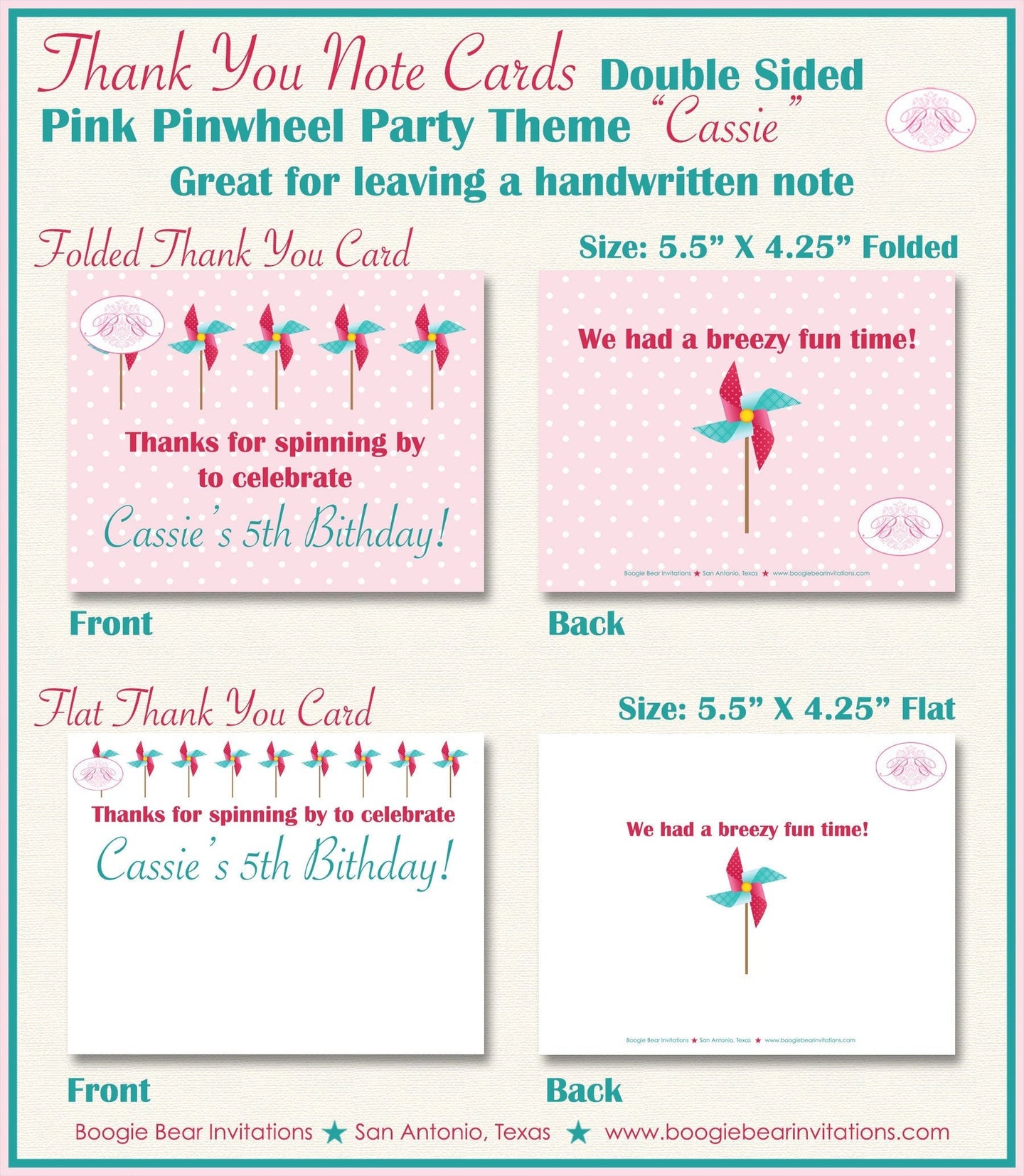 Pinwheel Birthday Party Thank You Card Retro Pink Aqua Teal Girl Summer Spring Picnic Polka Dot Boogie Bear Invitations Cassie Theme Printed