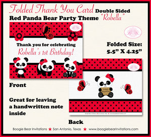 Red Panda Bear Birthday Party Thank You Card Girl Little Butterfly Wild Zoo Animals Black Dot Boogie Bear Invitations Robella Theme Printed