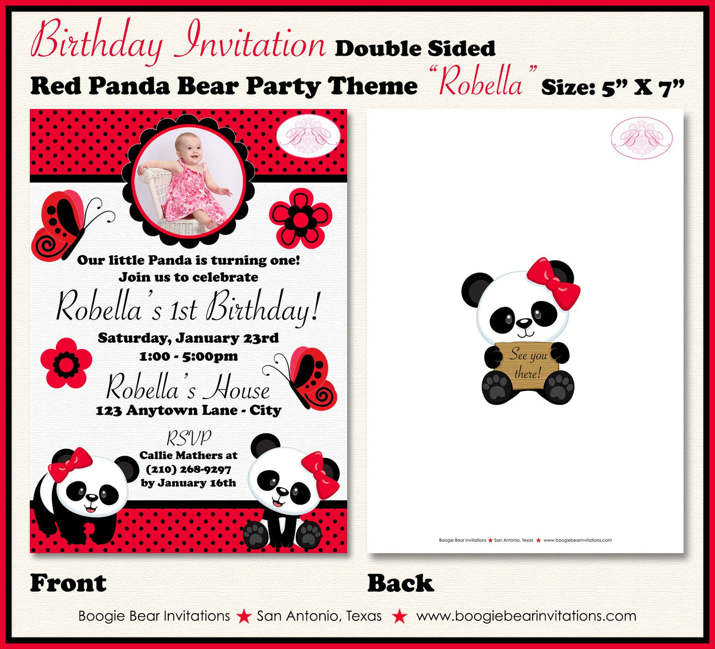 Red Panda Bear Birthday Party Invitation Photo Girl Little Black Wild Zoo Boogie Bear Invitations Robella Theme Paperless Printable Printed