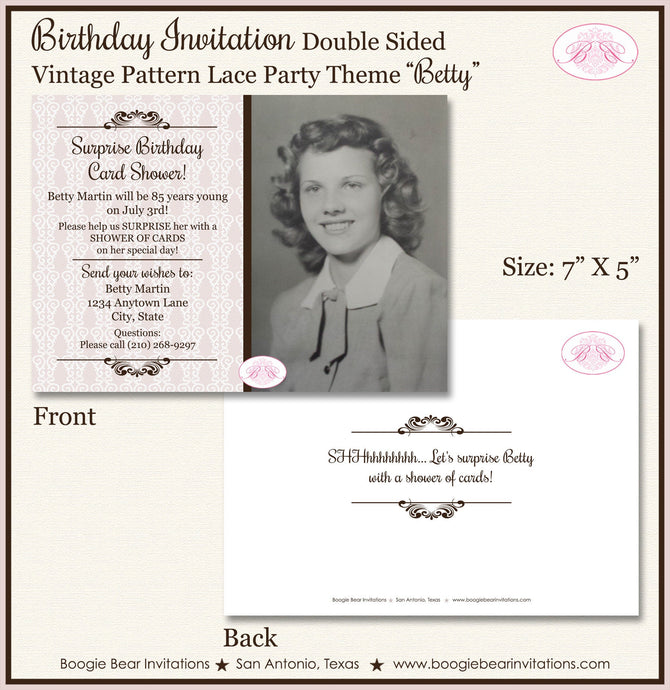 Vintage Lace Birthday Party Invitation Photo Girl 1st 50th 60th 70th 80th Boogie Bear Invitations Betty Theme Paperless Printable or Printed
