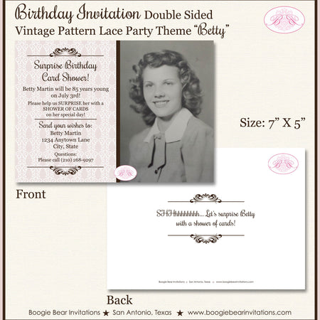 Vintage Lace Birthday Party Invitation Photo Girl 1st 50th 60th 70th 80th Boogie Bear Invitations Betty Theme Paperless Printable or Printed