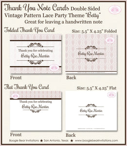 Vintage Lace Birthday Party Thank You Card Girl Pattern Antique Country 50th 60th 70th 80th 90th Boogie Bear Invitations Betty Theme Printed
