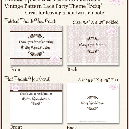 Vintage Lace Birthday Party Thank You Card Girl Pattern Antique Country 50th 60th 70th 80th 90th Boogie Bear Invitations Betty Theme Printed