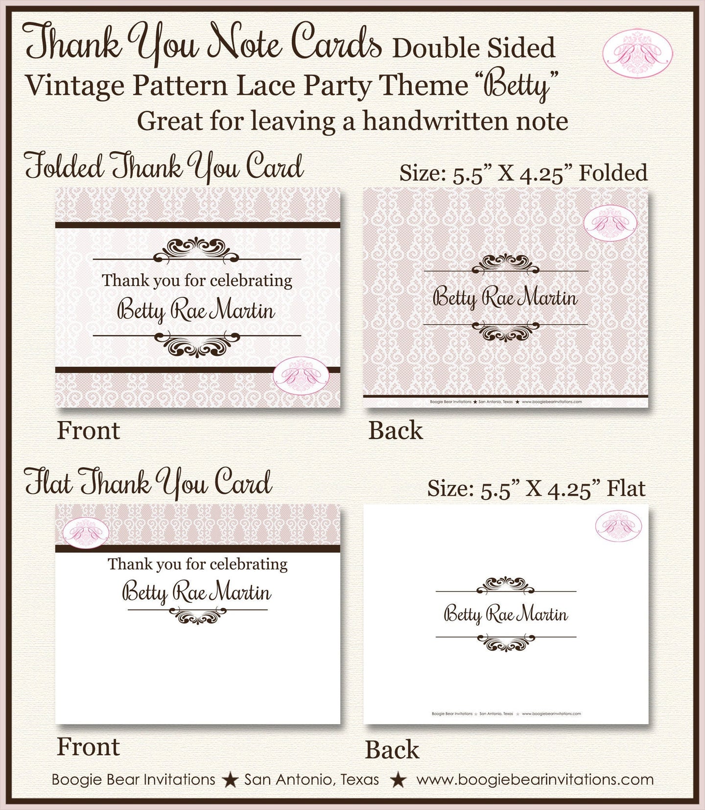 Vintage Lace Birthday Party Thank You Card Girl Pattern Antique Country 50th 60th 70th 80th 90th Boogie Bear Invitations Betty Theme Printed